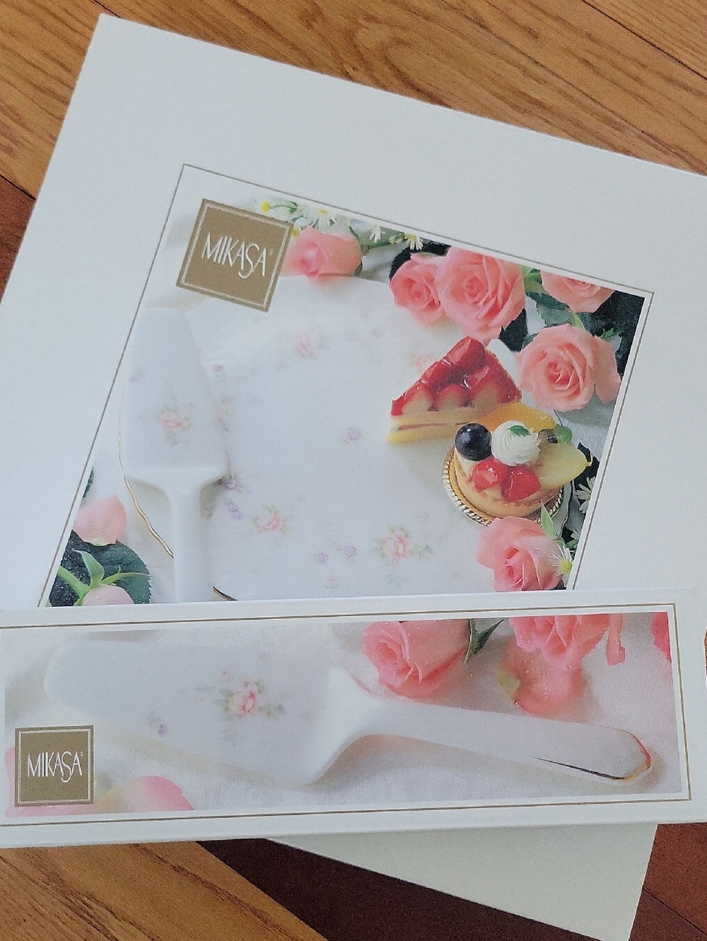 Mikasa White Cake Plate and Server with Pink Rose Motif and Gold Trim